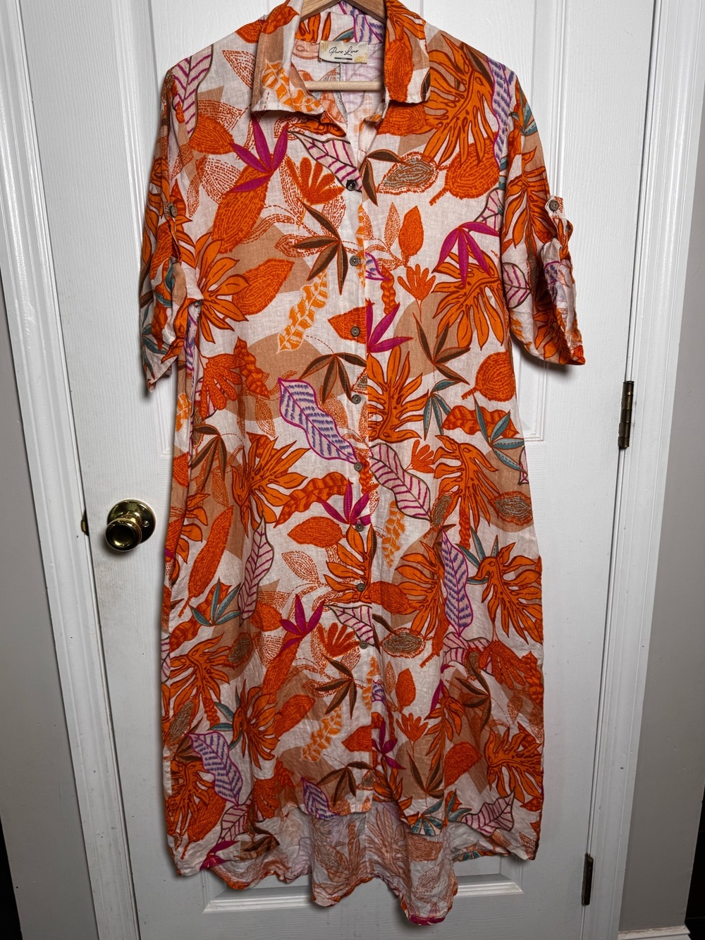 Puro Lino Italian Linen Tropical Print Shirt Dress Pockets Boho Midi Size Large